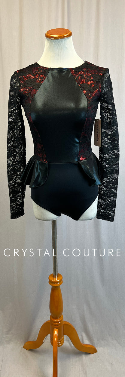 *Brand New*  Black Lace with Red and Black Metallic Lycra Long Sleeve Leotard with Peplum Skirt