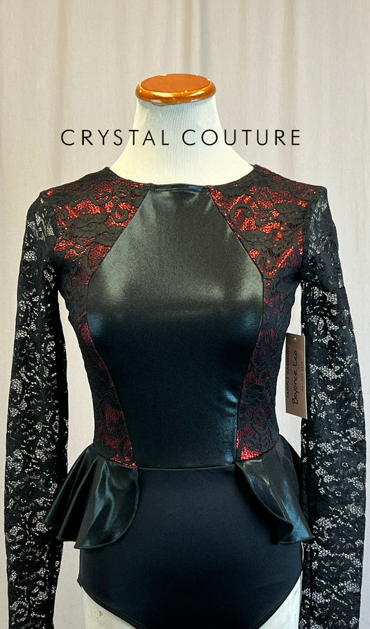 *Brand New*  Black Lace with Red and Black Metallic Lycra Long Sleeve Leotard with Peplum Skirt