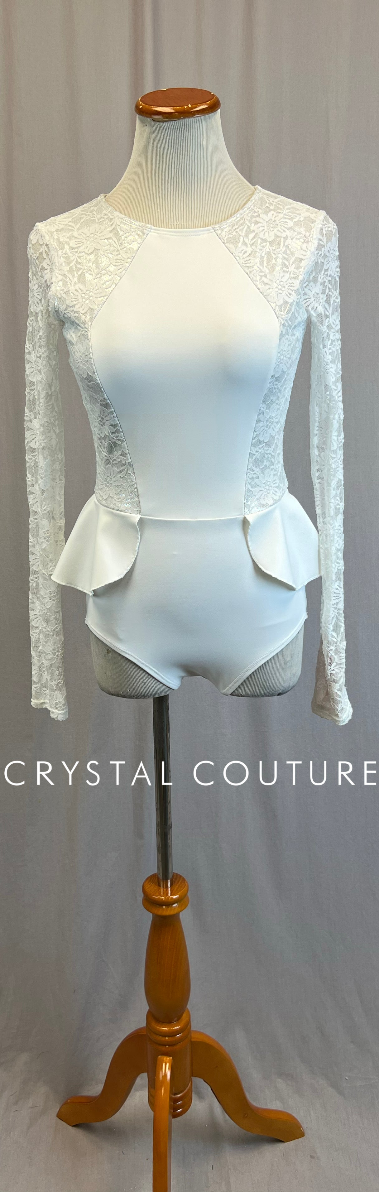 *Brand New*  White Lace with White Lycra Long Sleeve Leotard with Peplum Skirt