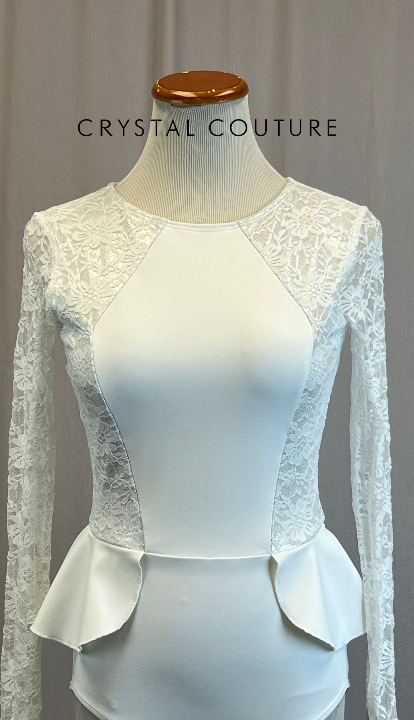 *Brand New*  White Lace with White Lycra Long Sleeve Leotard with Peplum Skirt