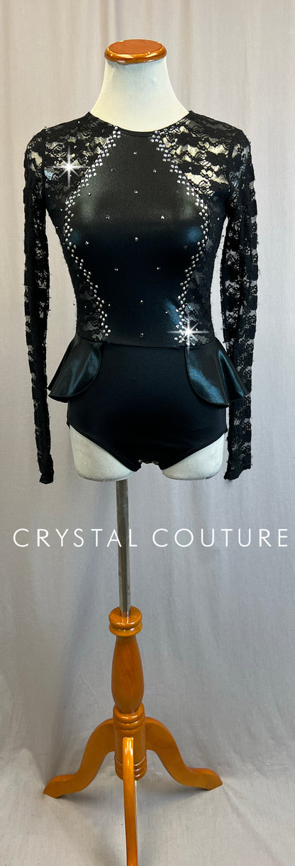 *Brand New* Black Lace and Metallic Lycra Long Sleeve Leotard with Peplum Skirt  - Rhinestones