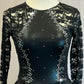 *Brand New* Black Lace and Metallic Lycra Long Sleeve Leotard with Peplum Skirt  - Rhinestones