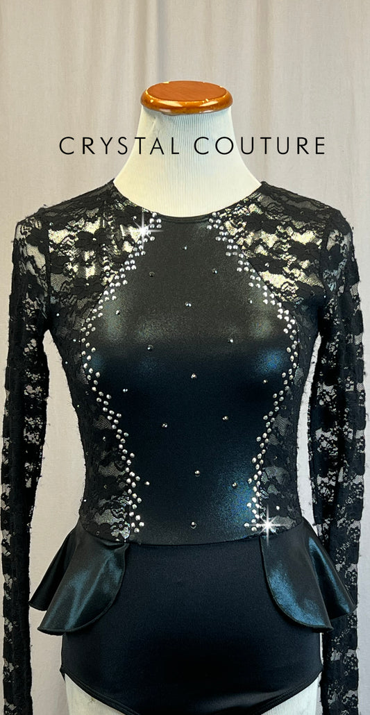 *Brand New* Black Lace and Metallic Lycra Long Sleeve Leotard with Peplum Skirt  - Rhinestones