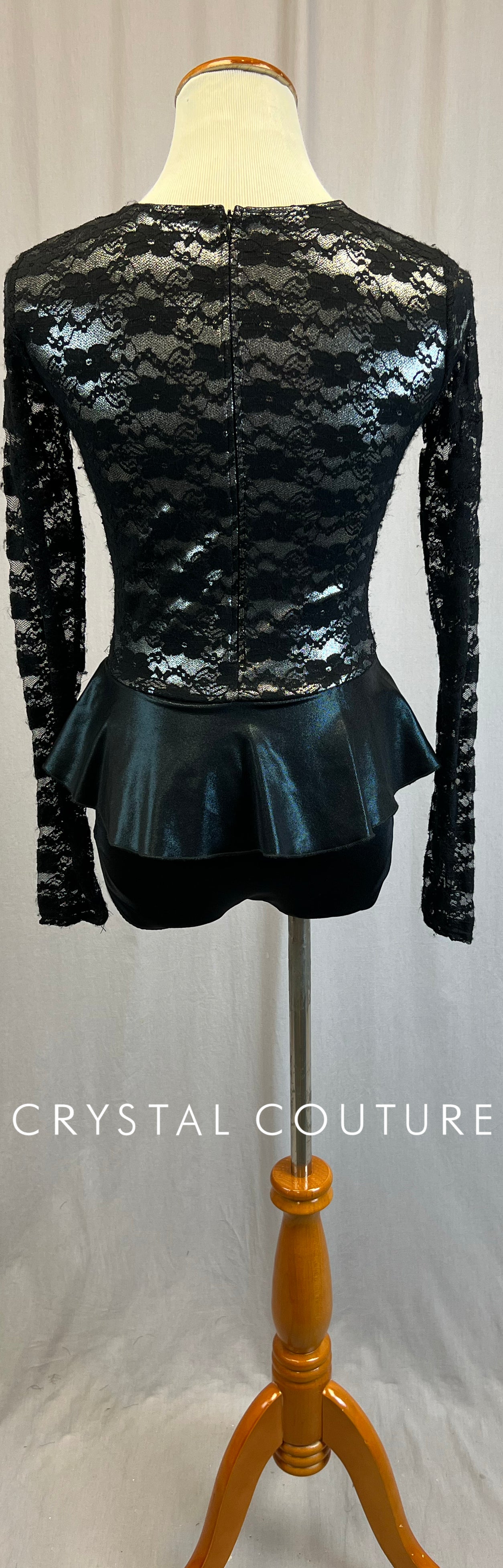 *Brand New* Black Lace and Metallic Lycra Long Sleeve Leotard with Peplum Skirt  - Rhinestones