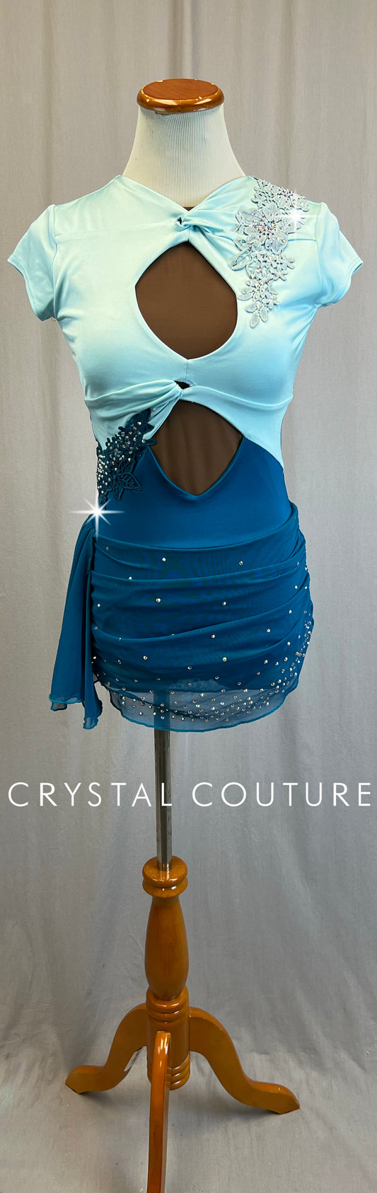 *Brand New* Light Blue and Teal Geometric Cap Sleeve Leotard with Gathered Skirt  - Rhinestones - Appliques