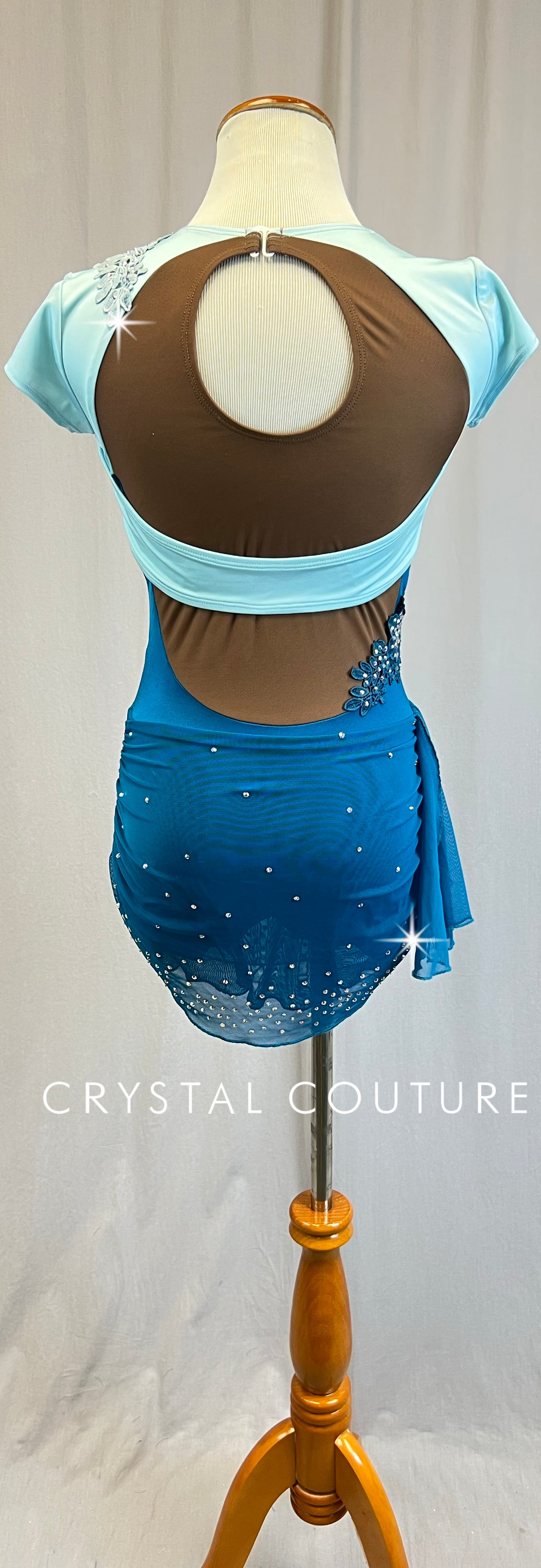 *Brand New* Light Blue and Teal Geometric Cap Sleeve Leotard with Gathered Skirt  - Rhinestones - Appliques