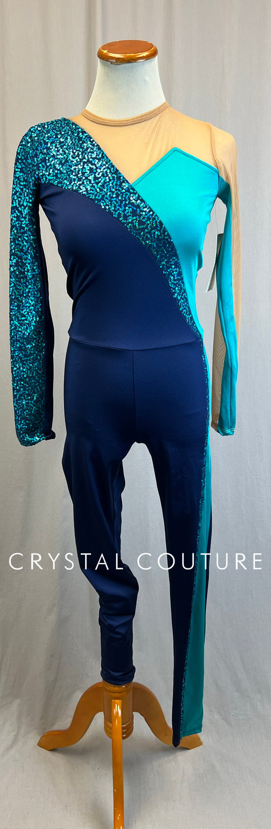 *Brand New* Teal and Navy Lycra and Sequin Long Sleeve Unitard with Tan Mesh Accents
