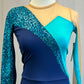 *Brand New* Teal and Navy Lycra and Sequin Long Sleeve Unitard with Tan Mesh Accents