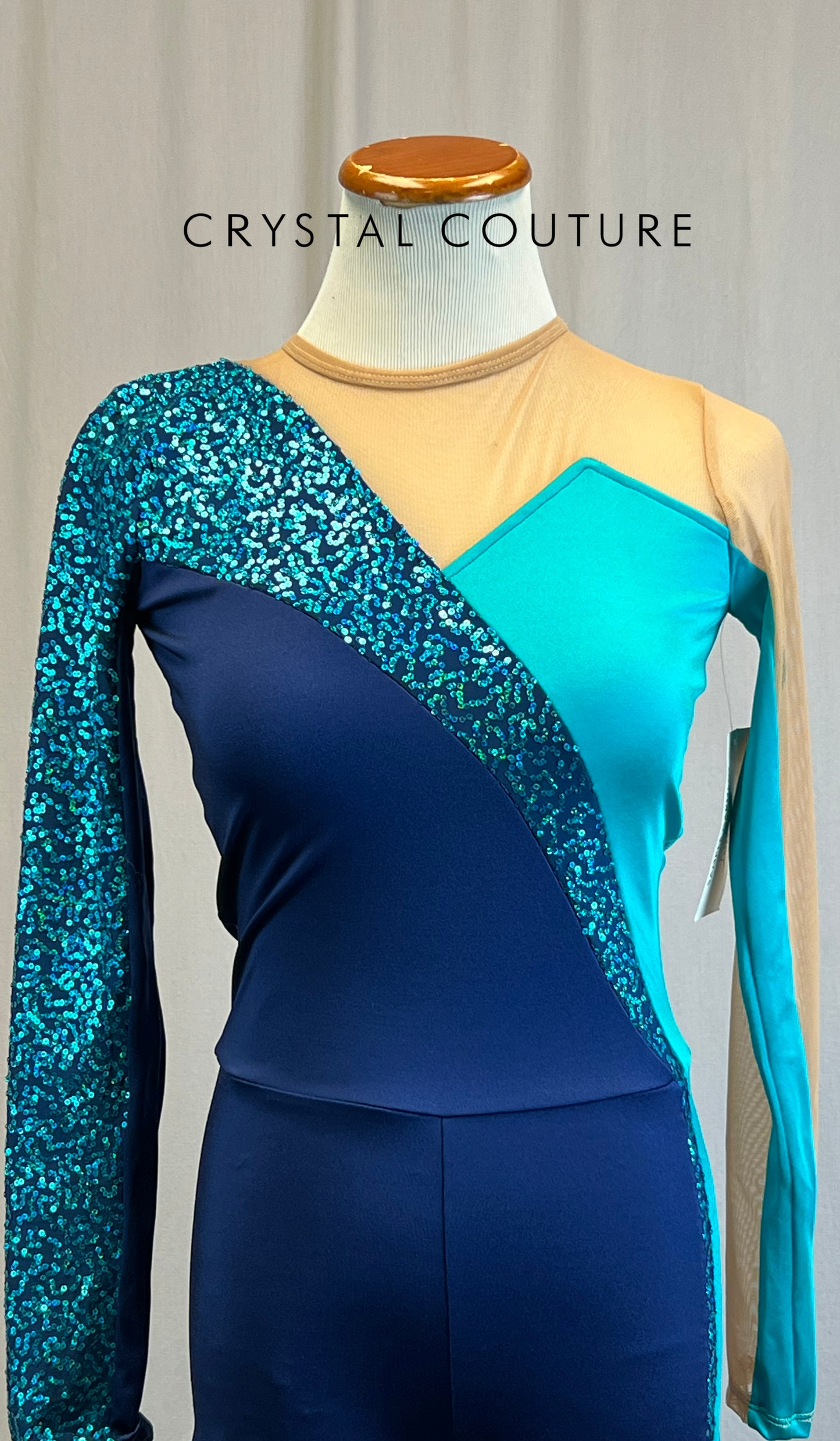 *Brand New* Teal and Navy Lycra and Sequin Long Sleeve Unitard with Tan Mesh Accents