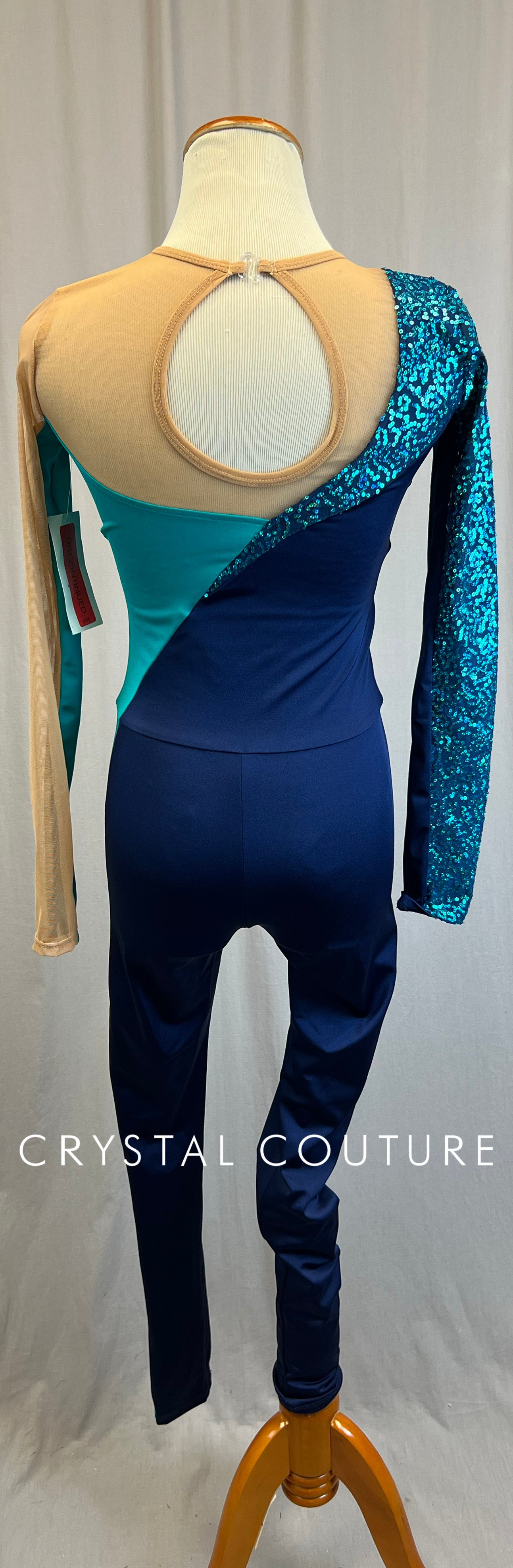 *Brand New* Teal and Navy Lycra and Sequin Long Sleeve Unitard with Tan Mesh Accents