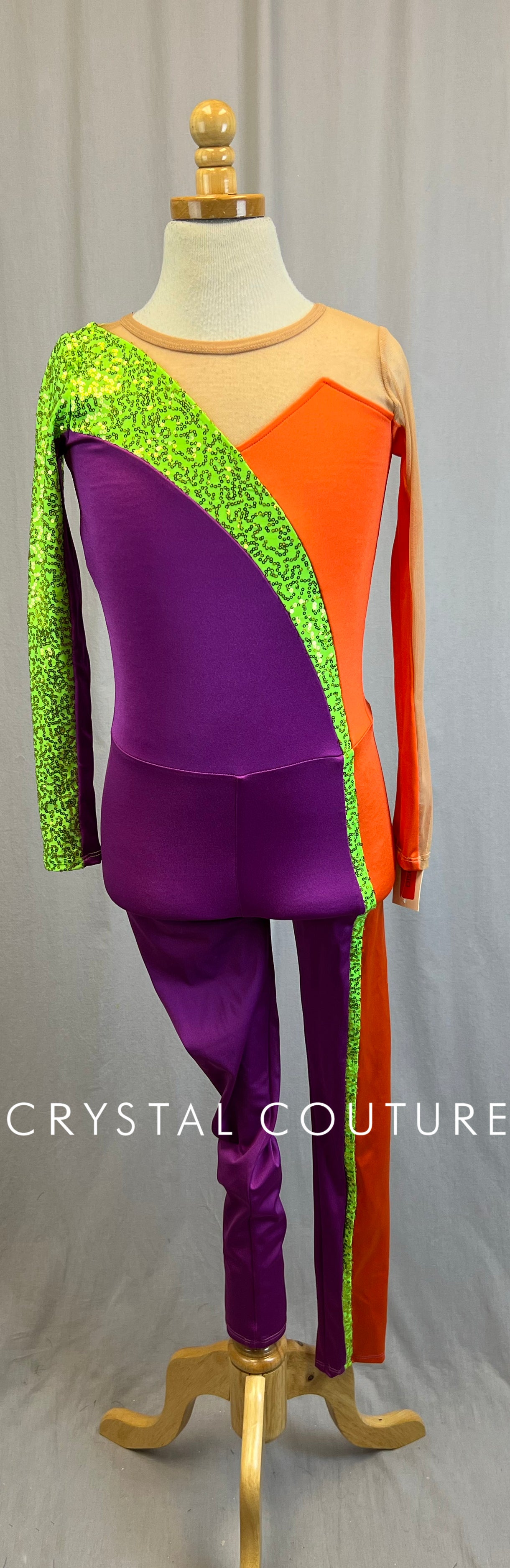 *Brand New* Orange, Purple Lycra and Lime Green Sequin Long Sleeve Unitard with Tan Mesh Accents
