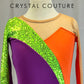 *Brand New* Orange, Purple Lycra and Lime Green Sequin Long Sleeve Unitard with Tan Mesh Accents