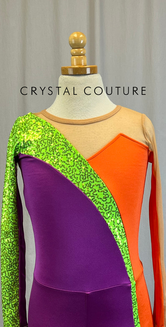 *Brand New* Orange, Purple Lycra and Lime Green Sequin Long Sleeve Unitard with Tan Mesh Accents