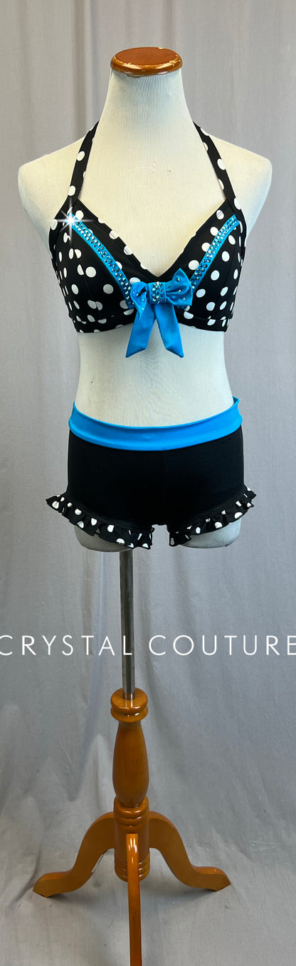 *Brand New* Black and White Polka Dot Two-Piece Set with Blue Accents  - Rhinestones