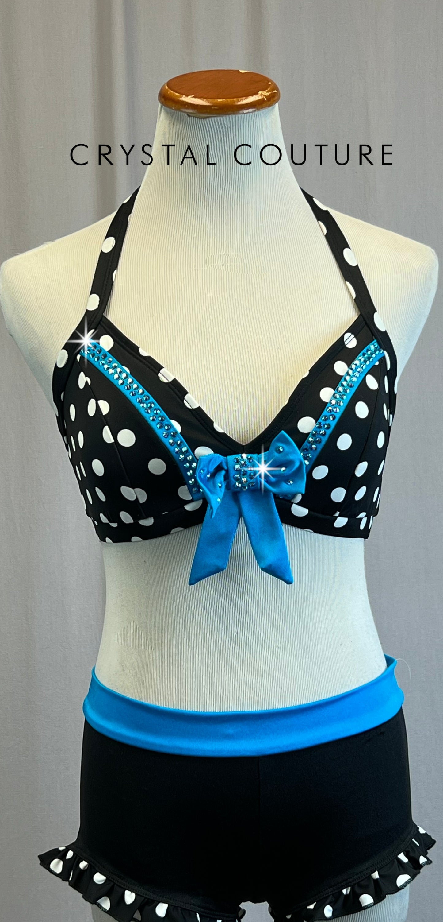 *Brand New* Black and White Polka Dot Two-Piece Set with Blue Accents  - Rhinestones