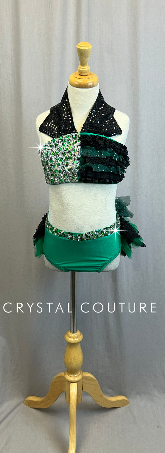 *Custom* Green and Black Sequin Money Themed Two-Piece Set - Rhinestones - Accessories