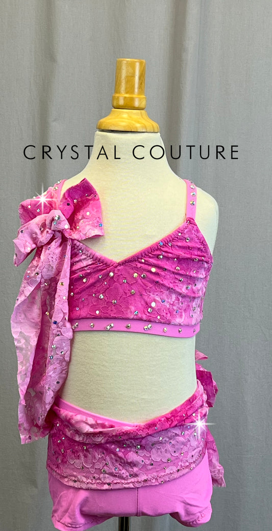 *Custom* Pink and White Marble Lace Two Piece Set - Rhinestones