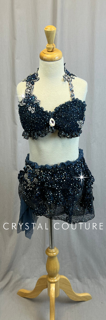 *Custom* Navy and Gray Lace Applique Skirt and Bra Top Set - Rhinestones - Accessories