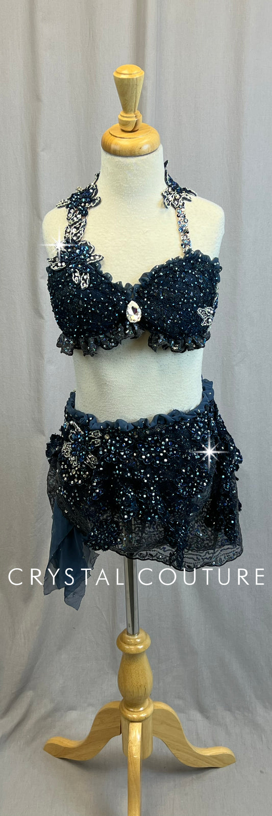 *Custom* Navy and Gray Lace Applique Skirt and Bra Top Set - Rhinestones - Accessories