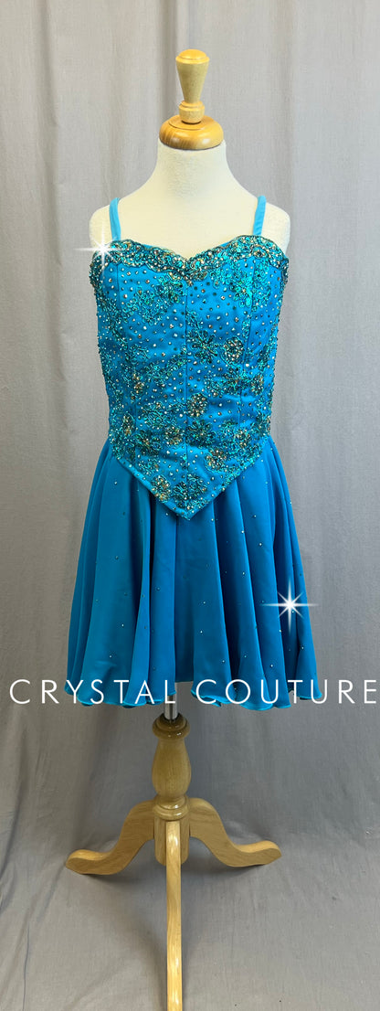 *Custom* Teal Structured Bodice Ballet Dress with Gold Accents - Rhinestones