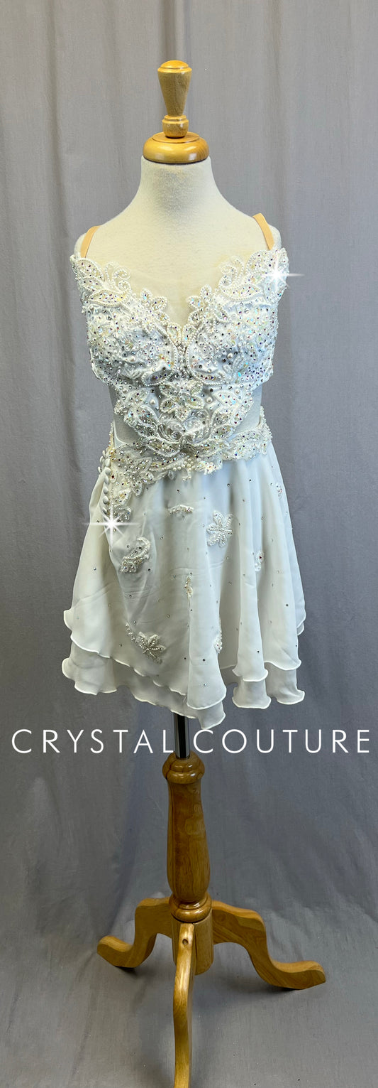 *Custom* White Chiffon and Applique Bra Top and Skirt Two-Piece Set - Rhinestones