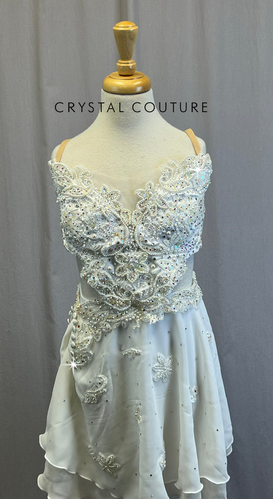 *Custom* White Chiffon and Applique Bra Top and Skirt Two-Piece Set - Rhinestones