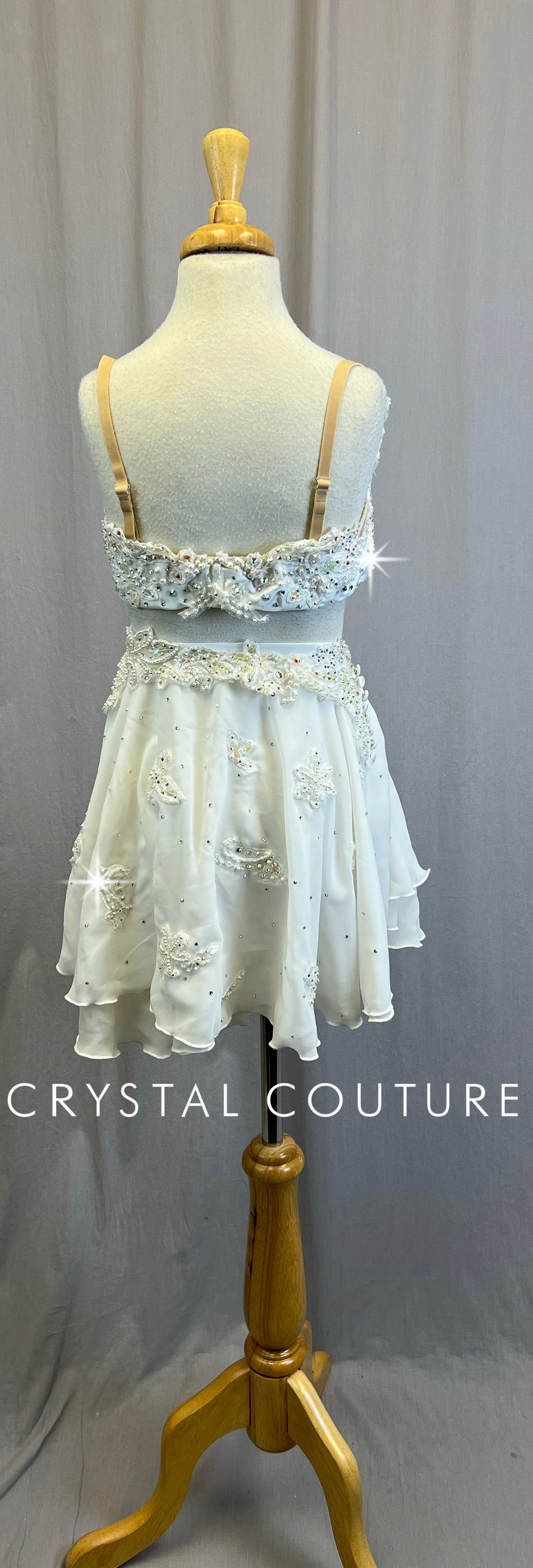*Custom* White Chiffon and Applique Bra Top and Skirt Two-Piece Set - Rhinestones