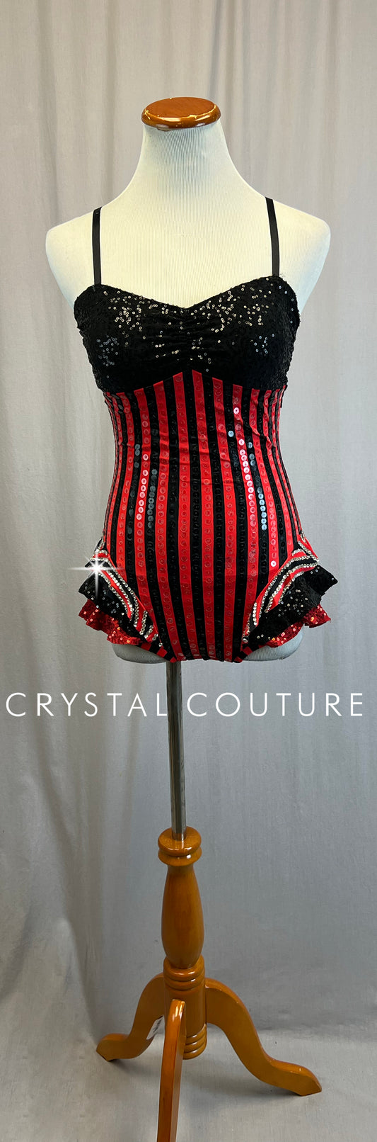 *Custom* Black and Red Striped Sequin Leotard with Ruffle Accents