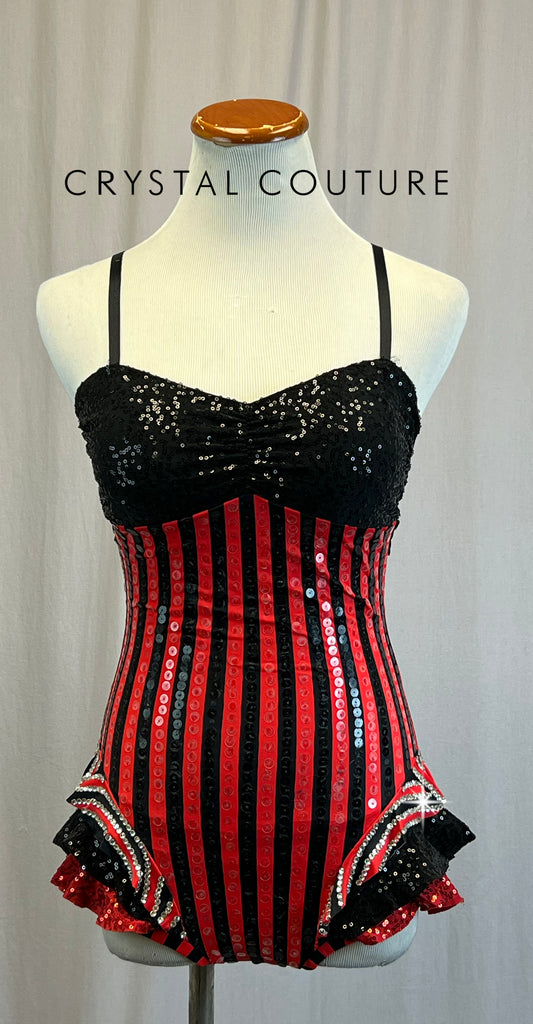 *Custom* Black and Red Striped Sequin Leotard with Ruffle Accents