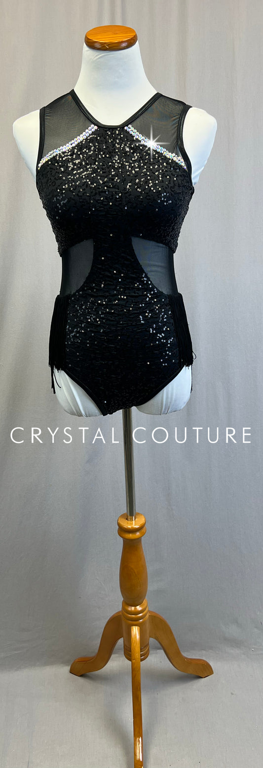 Black Sequin Leotard with Mesh Cutouts and Fringe - Rhinestones