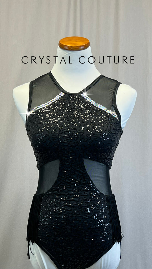Black Sequin Leotard with Mesh Cutouts and Fringe - Rhinestones