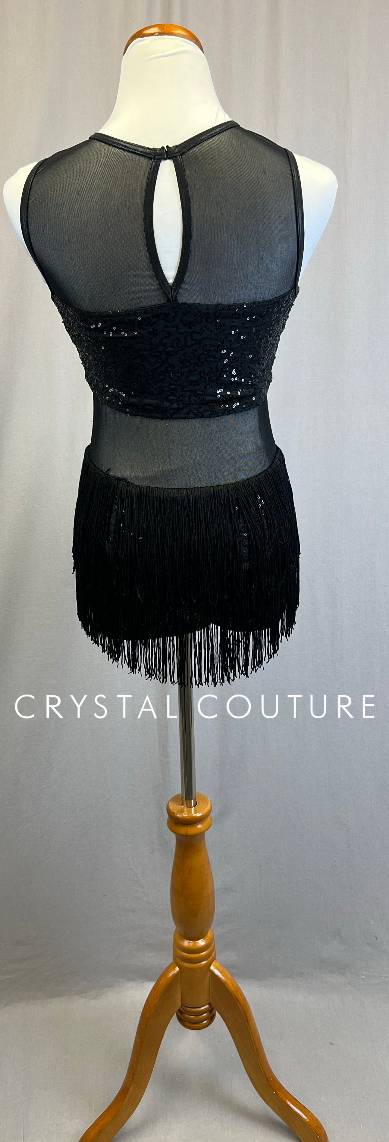 Black Sequin Leotard with Mesh Cutouts and Fringe - Rhinestones
