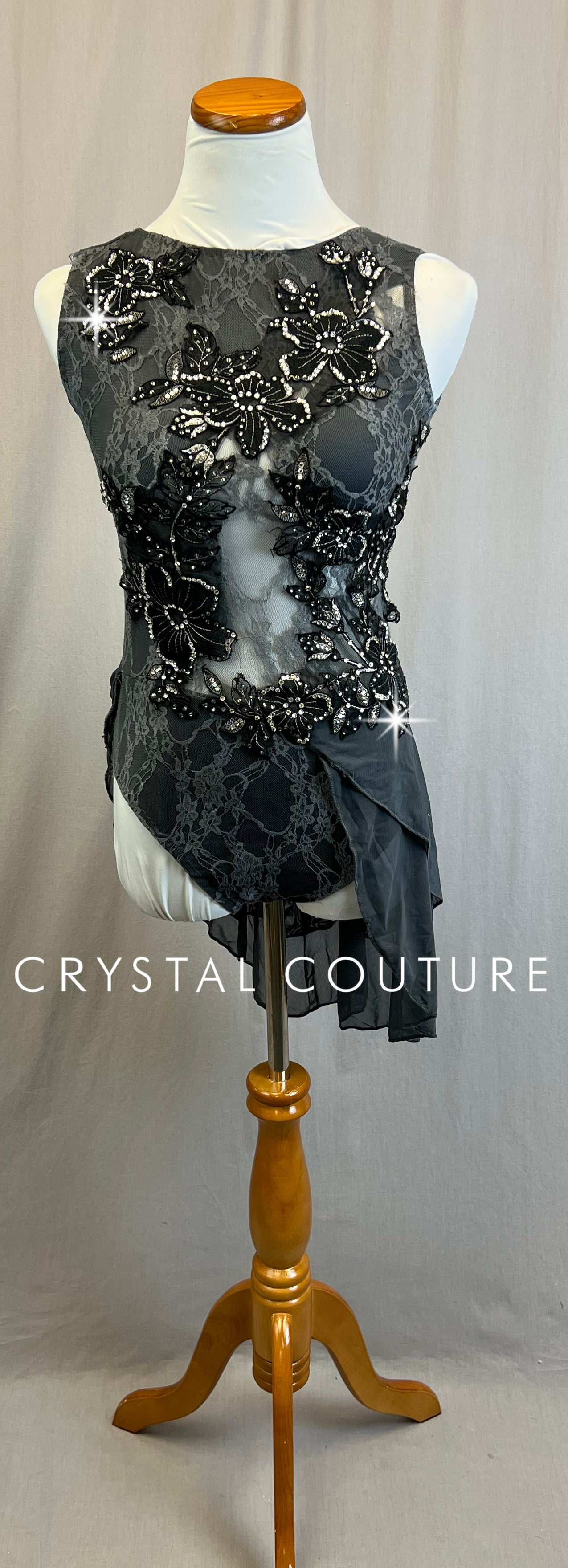 *Custom* Gray Lace Leotard with Mesh Asymetrical Skirt - Rhinestones