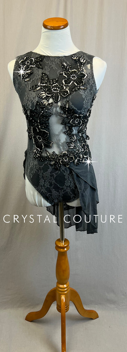 *Custom* Gray Lace Leotard with Mesh Asymetrical Skirt - Rhinestones