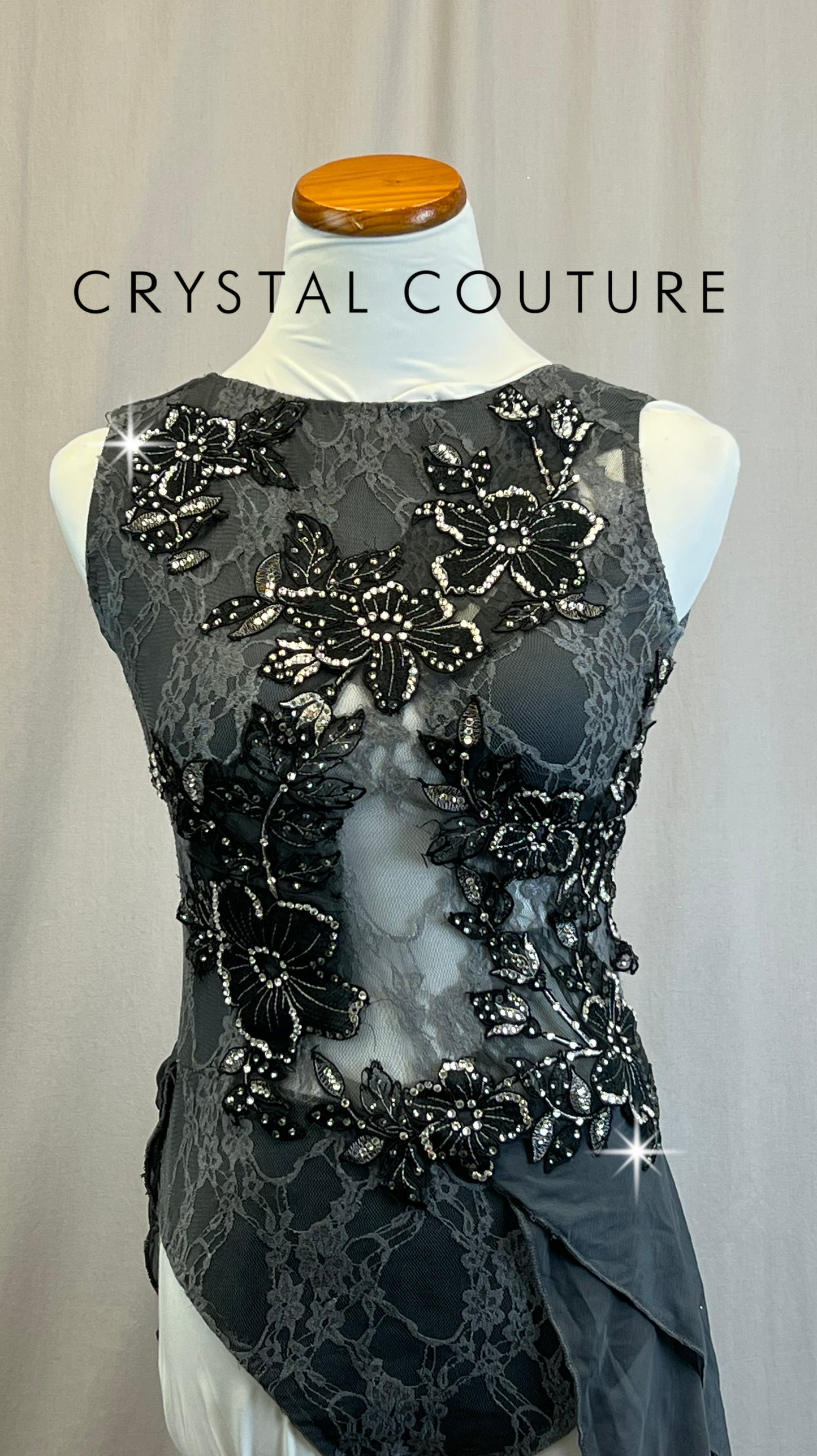 *Custom* Gray Lace Leotard with Mesh Asymetrical Skirt - Rhinestones