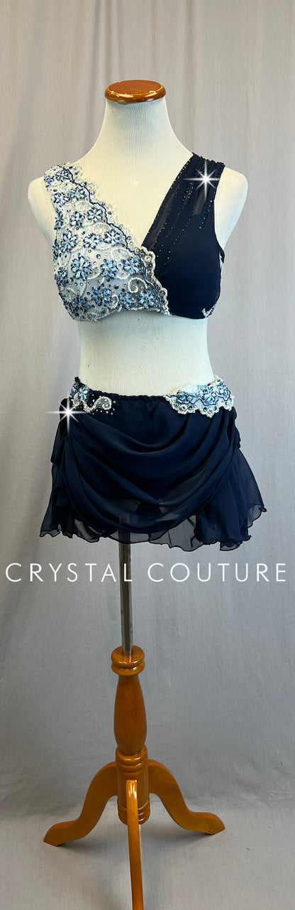 *Custom* Navy Blue and White Chiffon Draping Two-Piece Set - Rhinestones