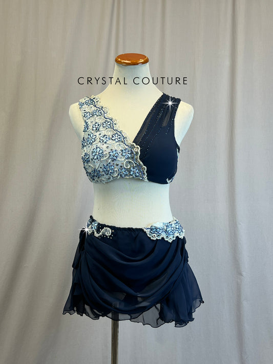 *Custom* Navy Blue and White Chiffon Draping Two-Piece Set - Rhinestones