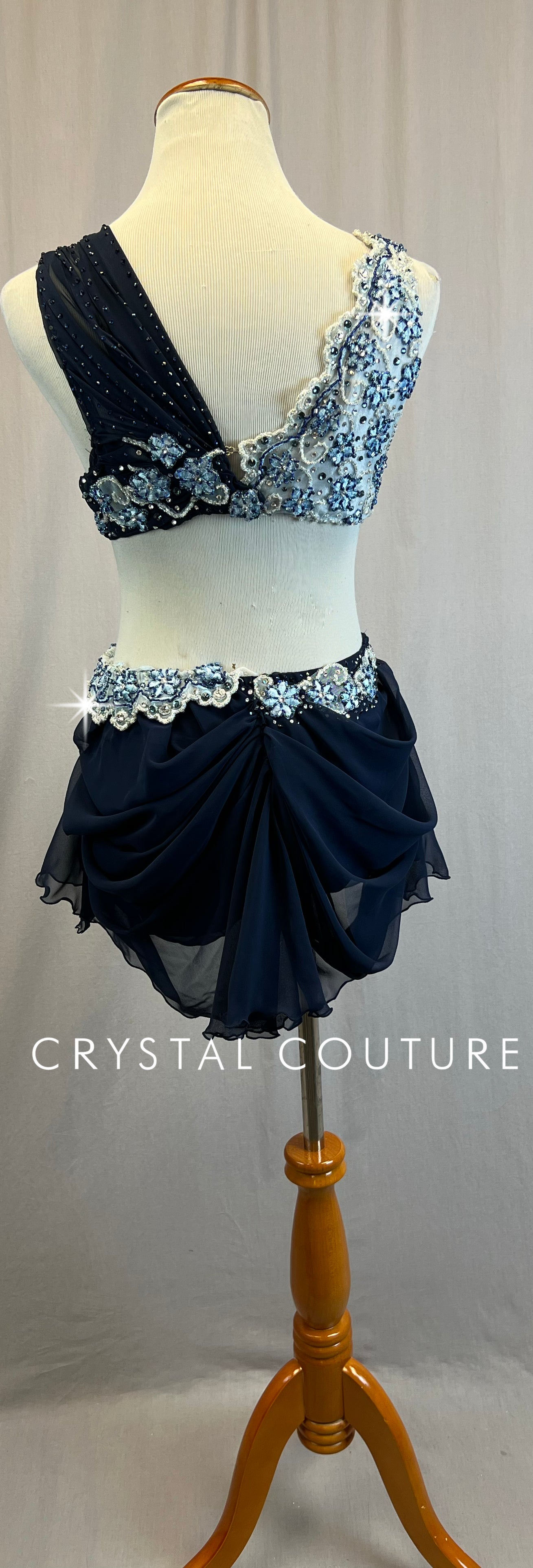 *Custom* Navy Blue and White Chiffon Draping Two-Piece Set - Rhinestones