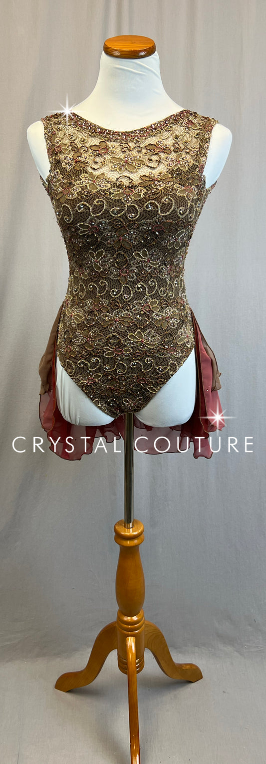 *Custom* Tan and Brown Beaded Leotard with Chiffon Half-Skirt - Rhinestones