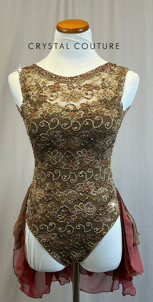 *Custom* Tan and Brown Beaded Leotard with Chiffon Half-Skirt - Rhinestones