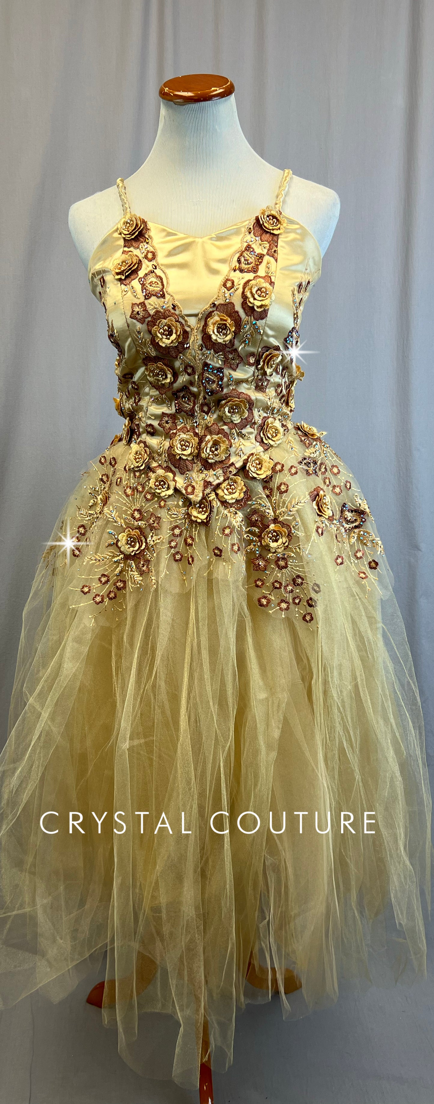 *Custom* Gold Romantic Style Skirt Ballet Dress with Floral Appliques - Rhinestones