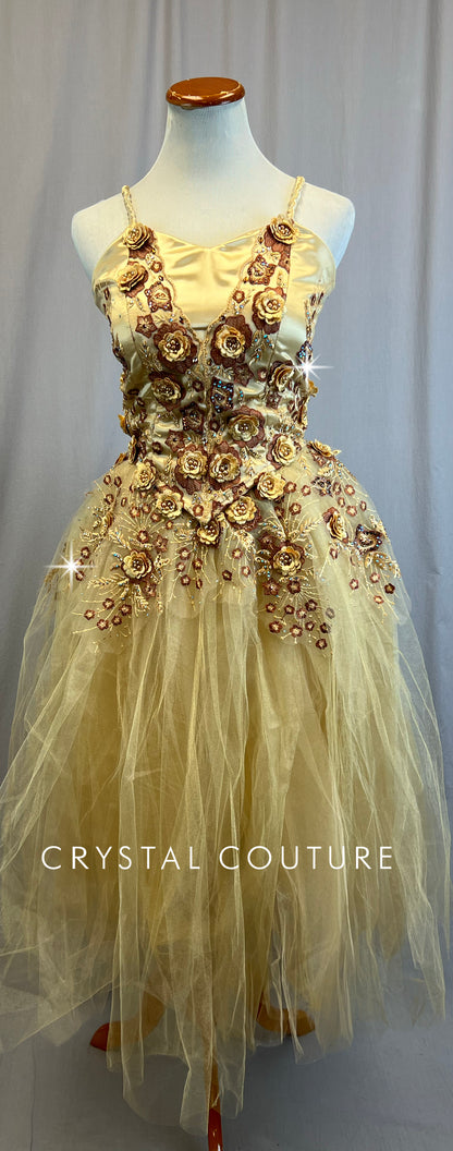 *Custom* Gold Romantic Style Skirt Ballet Dress with Floral Appliques - Rhinestones