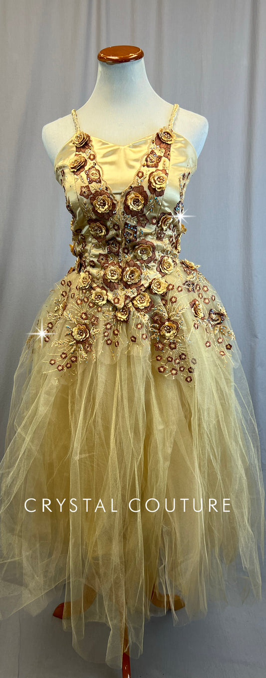 *Custom* Gold Romantic Style Skirt Ballet Dress with Floral Appliques - Rhinestones