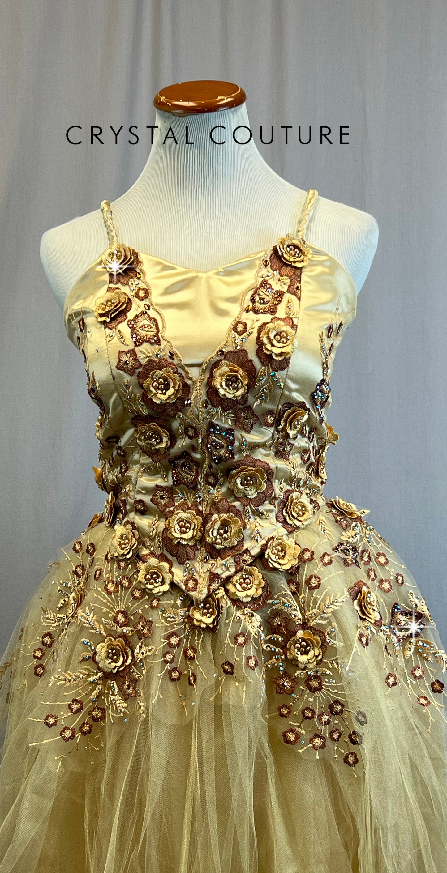 *Custom* Gold Romantic Style Skirt Ballet Dress with Floral Appliques - Rhinestones