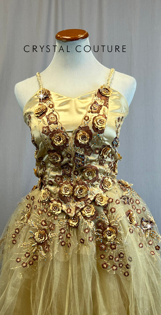 *Custom* Gold Romantic Style Skirt Ballet Dress with Floral Appliques - Rhinestones