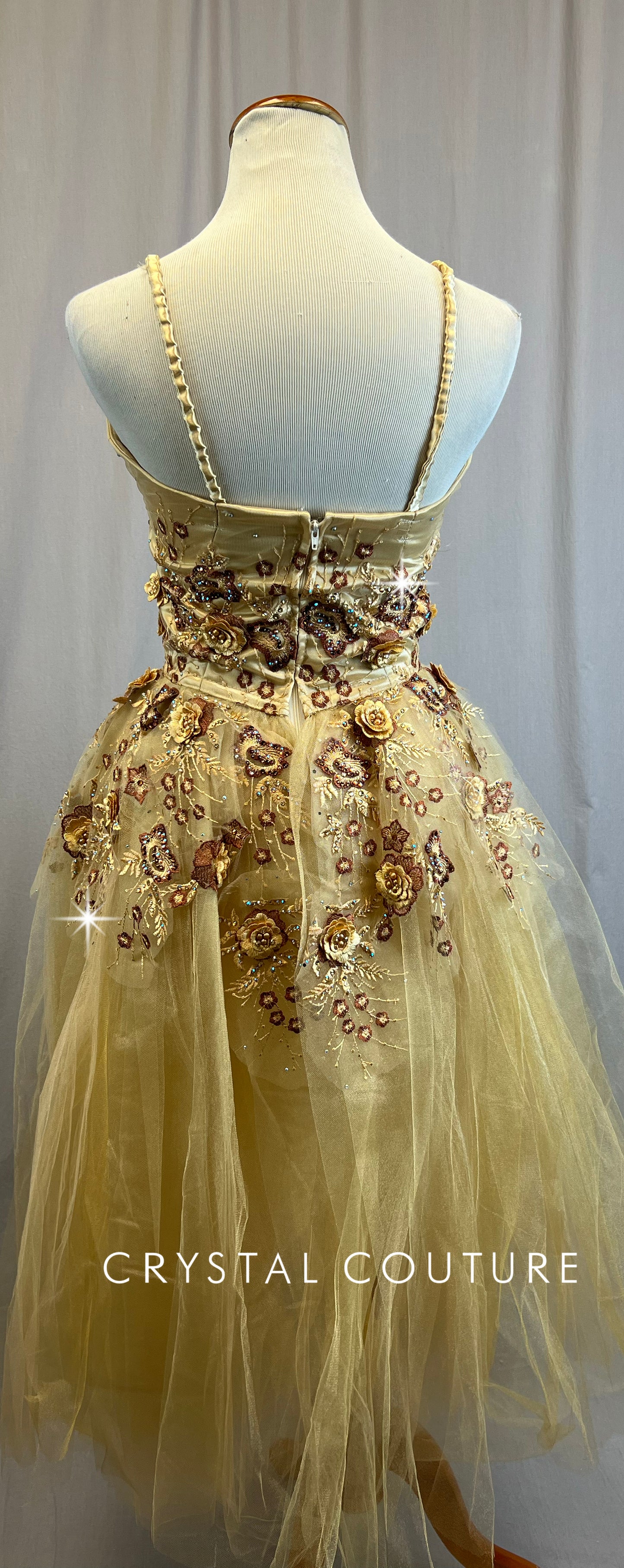*Custom* Gold Romantic Style Skirt Ballet Dress with Floral Appliques - Rhinestones