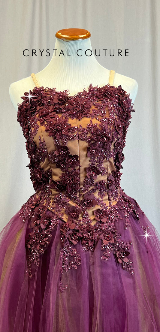 *Custom* Plum and Burgundy Romantic Style Skirt Ballet Dress with Floral Appliques - Rhinestones