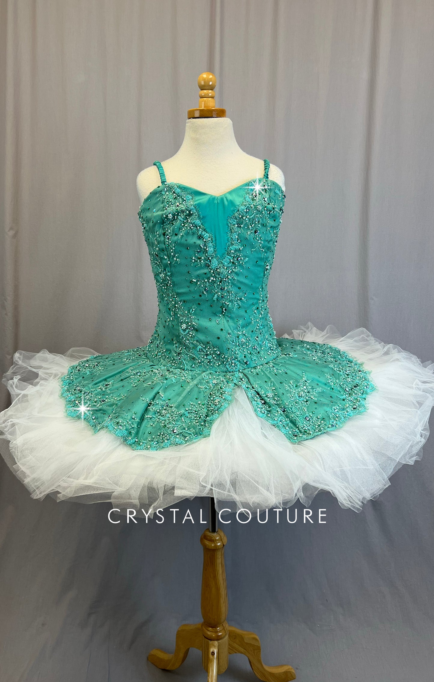 *Custom* Teal Lace and White Pancake Ballet Tutu - Rhinestones