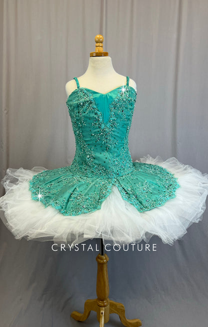 *Custom* Teal Lace and White Pancake Ballet Tutu - Rhinestones
