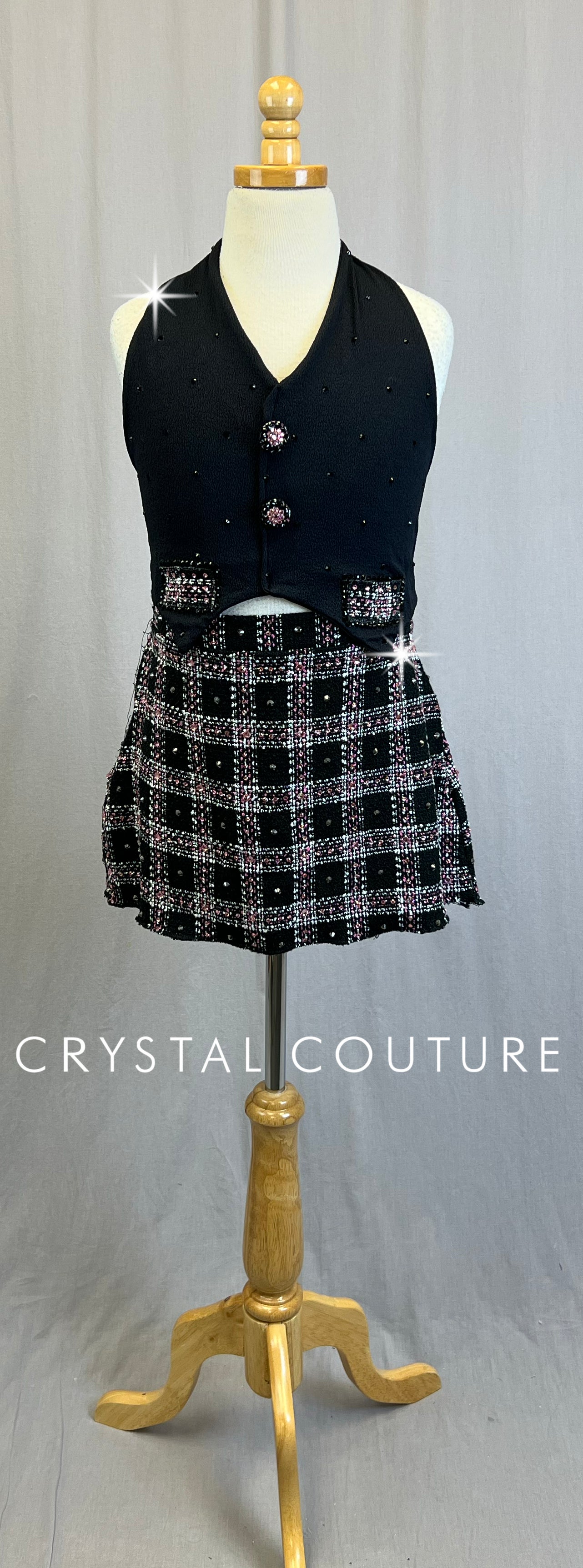 Black and Pink Plaid Skirt and Vest Set - Rhinestones